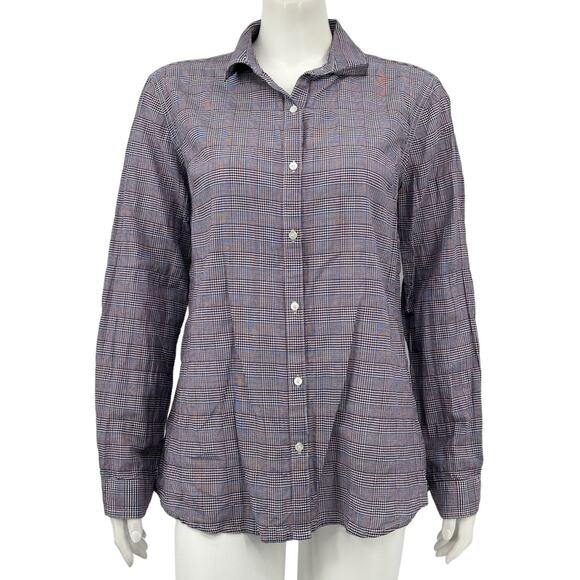 J McLaughlin Top Womens Small Button Up Purple Blue Plaid Stripe Stretch Preppy - Picture 1 of 9
